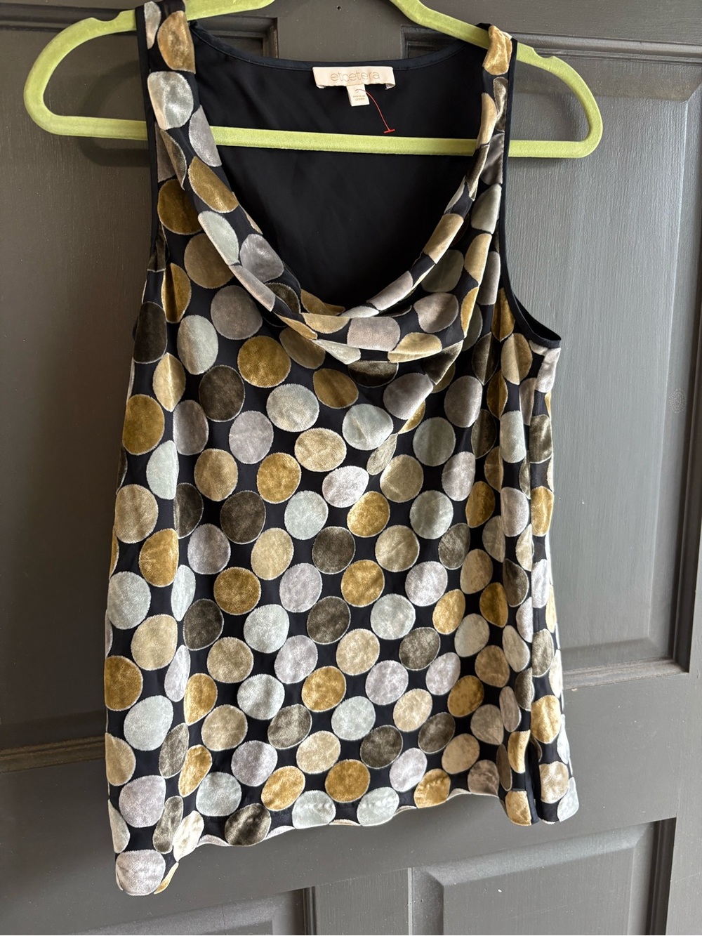 Etcetera Black Cowl Neck Tank with Gold & Silver Velvet Polka Dots